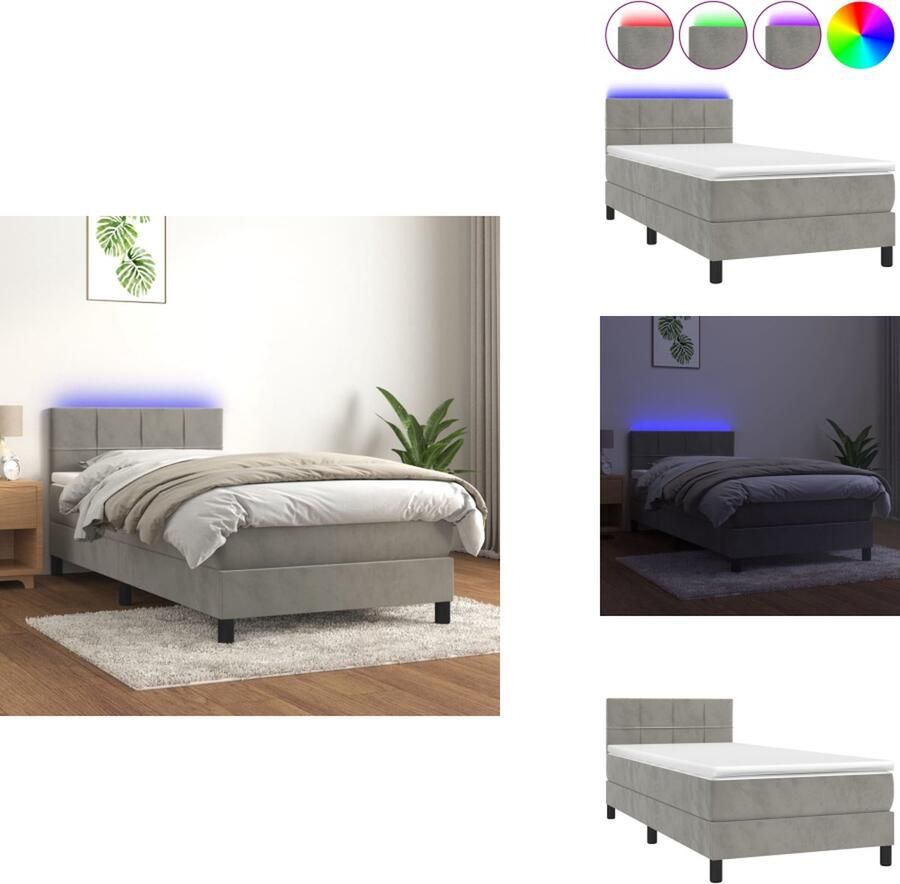 VidaXL Boxspring Bed Lichtgrijs Fluweel 203x90x78 88cm Verstelbaar hoofdbord Kleurrijke LED-verlichting Pocketvering matras Huidvriendelijk topmatras Inclusief montagehandleiding Bed