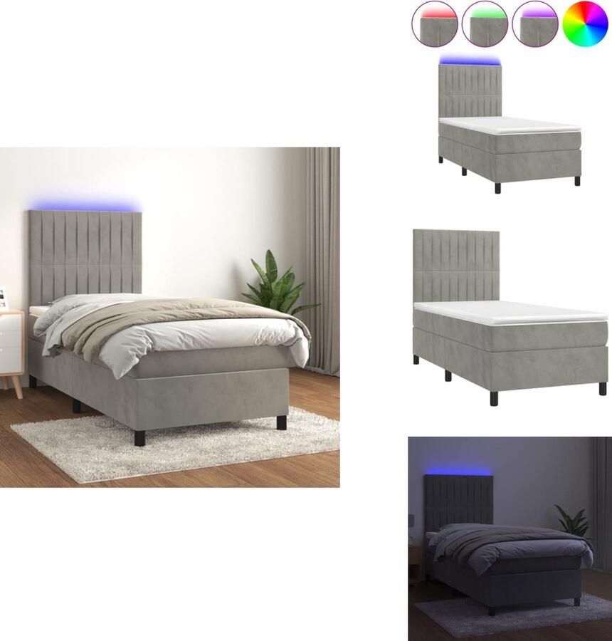 VidaXL Boxspring Bed Lichtgrijs Fluweel 203x90x78 88cm Verstelbaar hoofdbord Kleurrijke LED-verlichting Pocketvering matras Huidvriendelijk topmatras Inclusief montagehandleiding Bed - Foto 3