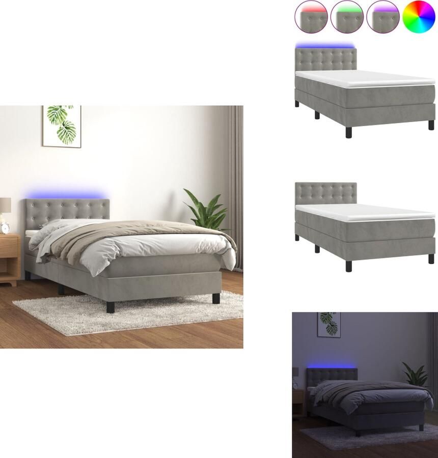 VidaXL Boxspring lichtgrijs 193 x 90 x 78 88 cm fluweel hoofdbord LED-verlichting pocketvering matras huidvriendelijk topmatras Bed - Foto 3