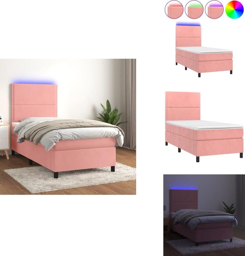 VidaXL Boxspring Bed Roze Fluweel 203x100x118 128 cm Verstelbaar hoofdbord Kleurrijke LED-verlichting Pocketvering Matras Huidvriendelijk Topmatras  1 x Bedframe 1 x Hoofdeind 1 x Matras 1 x Topmatras 1 x LED-strip Bed