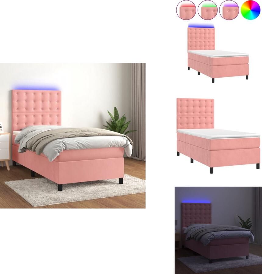 VidaXL Bed Boxspring Roze Fluweel 203 x 103 x 118 128 cm Hoofdbord verstelbaar Kleurrijke LED Pocketvering matras Huidvriendelijk topmatras Incl montagehandleiding en LED-strip Bed - Foto 2