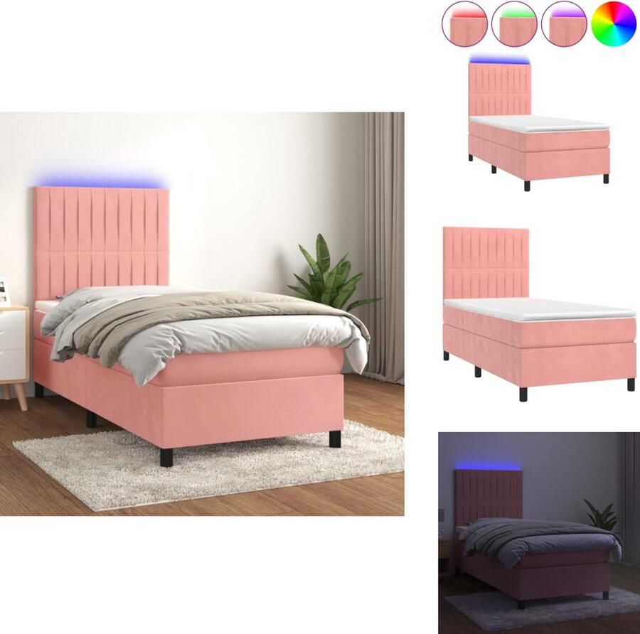 VidaXL Boxspring Bed Roze Fluweel 203x100x118 128 cm Verstelbaar hoofdbord Kleurrijke LED-verlichting Pocketvering Matras Huidvriendelijk Topmatras  1 x Bedframe 1 x Hoofdeind 1 x Matras 1 x Topmatras 1 x LED-strip Bed