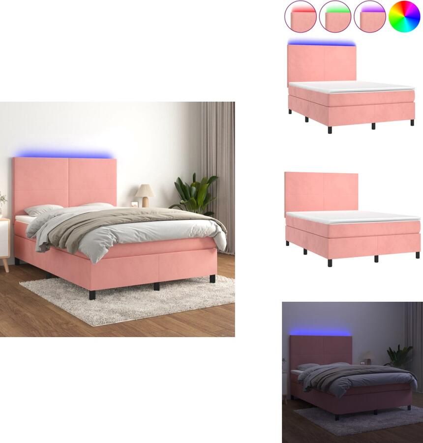 VidaXL Boxspring Bed 193x144x118 128cm Roze Fluweel Verstelbaar hoofdbord LED-verlichting Pocketvering matras Huidvriendelijk topmatras Bed