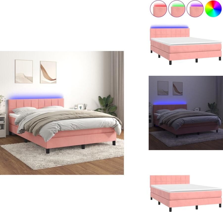 VidaXL Boxspring Bedframe met verstelbaar hoofdbord 193 x 144 cm Zacht fluweel roze Pocketvering matras Huidvriendelijk topmatras Kleurrijke LED-verlichting Bed