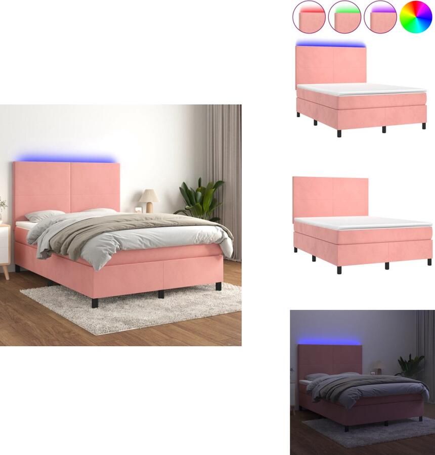 VidaXL Boxspring Boxsprings Bed Slaapmeubel Boxspring met matras en LED fluweel roze 140x200 cm