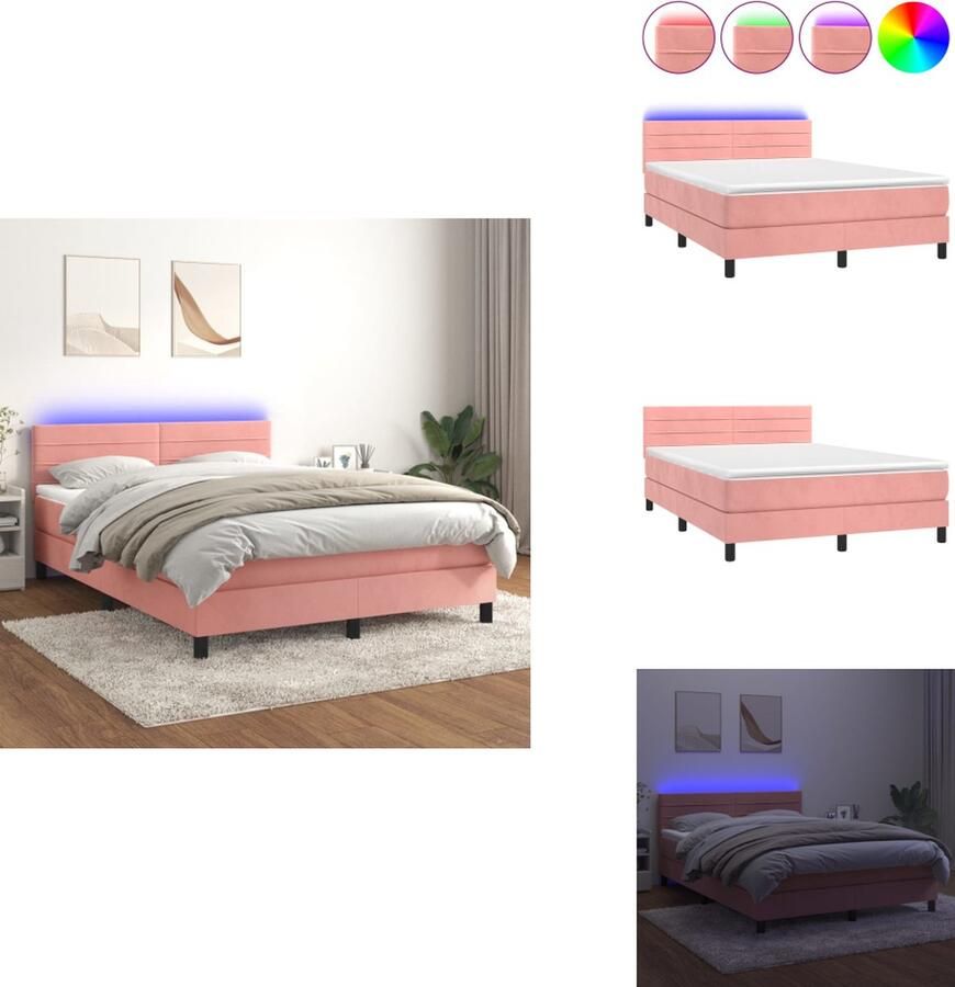 VidaXL Boxspring Zacht fluweel Praktisch hoofdbord Kleurrijke LED-verlichting Pocketvering matras Huidvriendelijk topmatras Roze 203x144x78 88 cm Bed