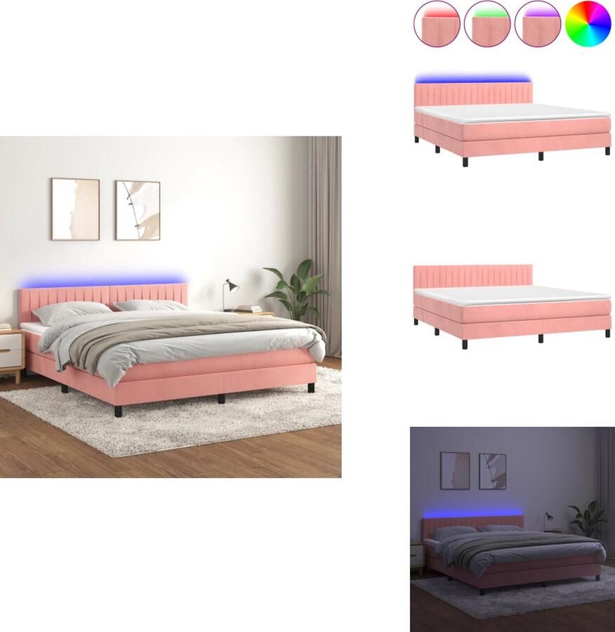VidaXL Boxspring fluweel pocketvering LED roze 203 x 180 x 78 88 cm 180 x 200 x 20 cm 180 x 200 x 5 cm 2 LED-strips Bed