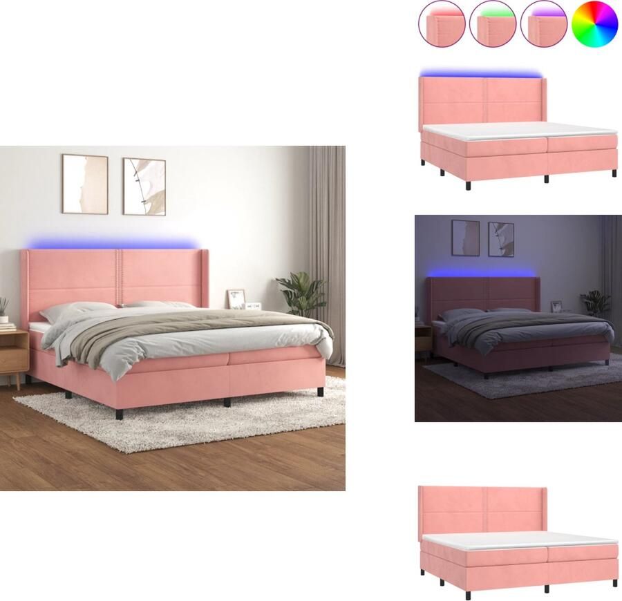 VidaXL Boxspring Zacht fluweel Verstelbaar hoofdbord Kleurrijke LED-verlichting Pocketvering matras Huidvriendelijk topmatras 203x203x118 128cm roze Bed