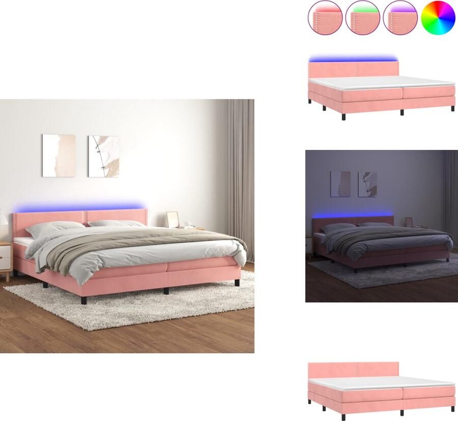 VidaXL Bed Boxspring 203 x 200 x 78 88 cm Roze Fluweel Pocketvering Matras Huidvriendelijk Topmatras Kleurrijke LED-verlichting USB aansluiting Bed - Foto 2