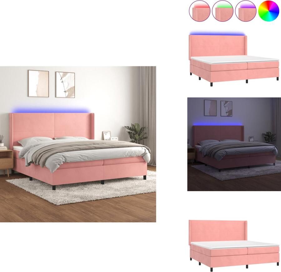 VidaXL Bed Fluweel Roze Boxspring 203x200x118 128 Verstelbaar hoofdbord Pocketvering matras Huidvriendelijk topmatras Kleurrijke LED-verlichting Inclusief montagehandleiding USB-aansluiting Bed