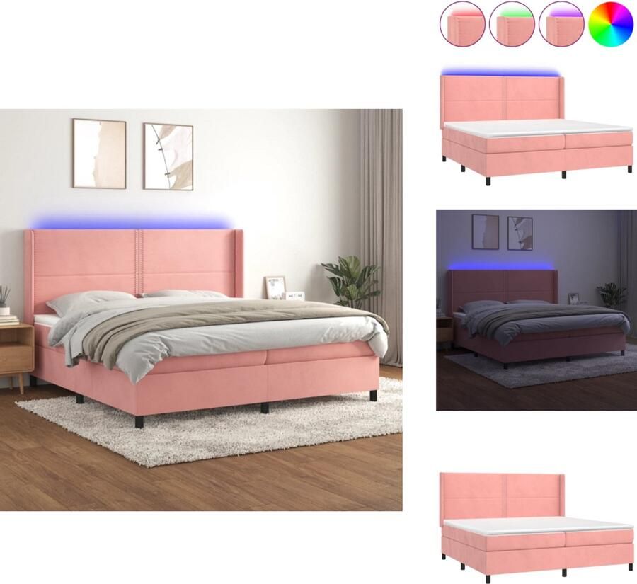 VidaXL Boxspring Zacht fluweel Verstelbaar hoofdbord Kleurrijke LED-verlichting Pocketvering matras Huidvriendelijk topmatras 203x203x118 128cm roze Bed - Foto 2