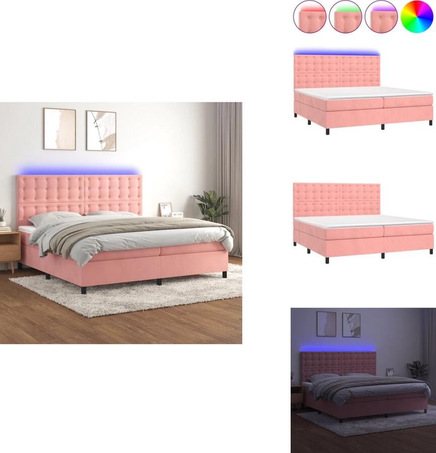 VidaXL Bed Fluweel Roze Boxspring 203x200x118 128 Verstelbaar hoofdbord Pocketvering matras Huidvriendelijk topmatras Kleurrijke LED-verlichting Inclusief montagehandleiding USB-aansluiting Bed - Foto 2