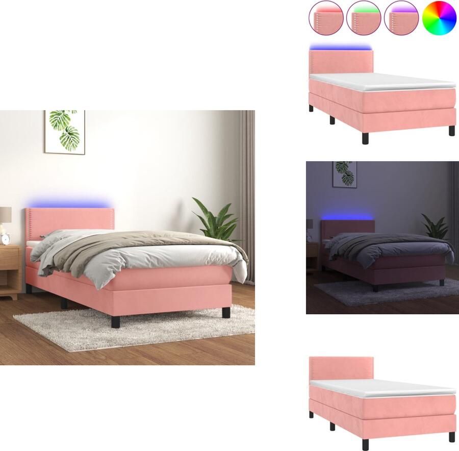 VidaXL Boxspring Roze fluweel bed met LED 203x80x78 88 cm Pocketvering matras 80x200x20 cm Huidvriendelijk topmatras 80x200x5 cm Inclusief LED-strip Bed