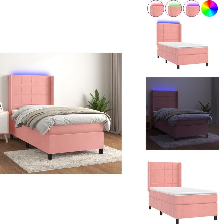VidaXL Boxspring Roze fluweel 203 x 83 x 118 128 cm Verstelbaar hoofdbord LED-verlichting Pocketvering matras Huidvriendelijk topmatras Bed