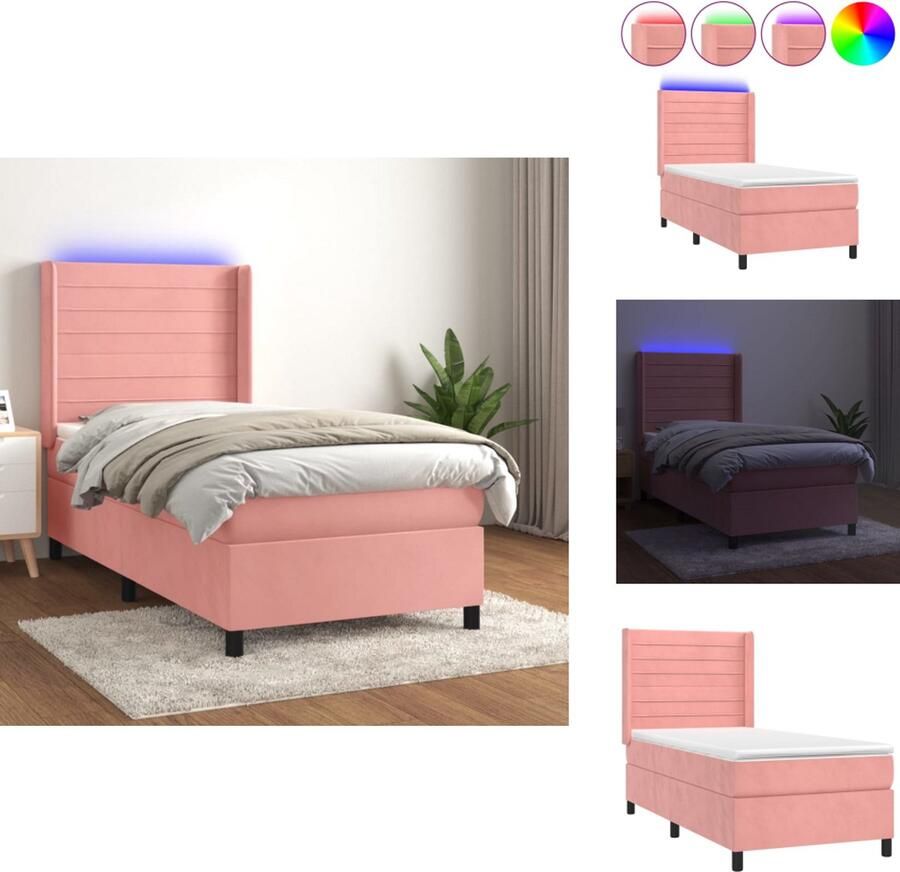 VidaXL Boxspring Boxsprings Bed Slaapmeubel Boxspring met matras en LED fluweel roze 90x190 cm - Foto 2