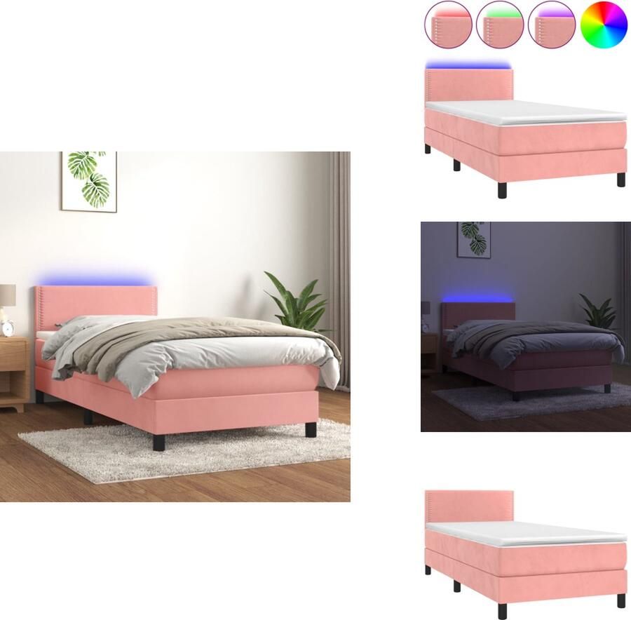 VidaXL Boxspring Bed Roze fluweel 203 x 90 x 78 88 cm Verstelbaar hoofdbord Pocketvering matras Huidvriendelijk topmatras Kleurrijke LED-verlichting Bed