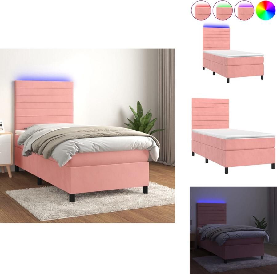 VidaXL Bed Rose Velvet 203x90x118 128cm Pocketvering matras 90x200x20cm Bedtopmatras 90x200x5cm Kleurrijke LED Bed