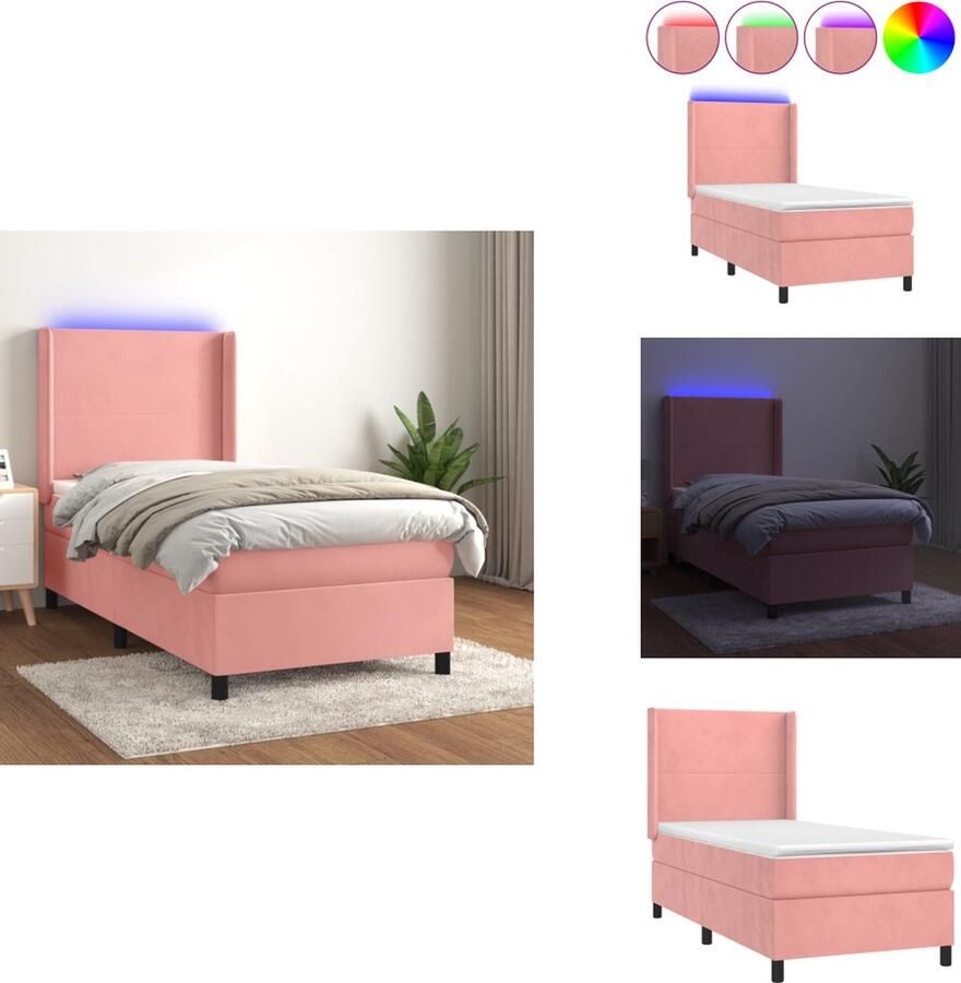 VidaXL Bed Roze Fluweel 203x93x118 128 cm Verstelbaar hoofdbord LED verlichting Pocketvering matras Huidvriendelijk topmatras Bed