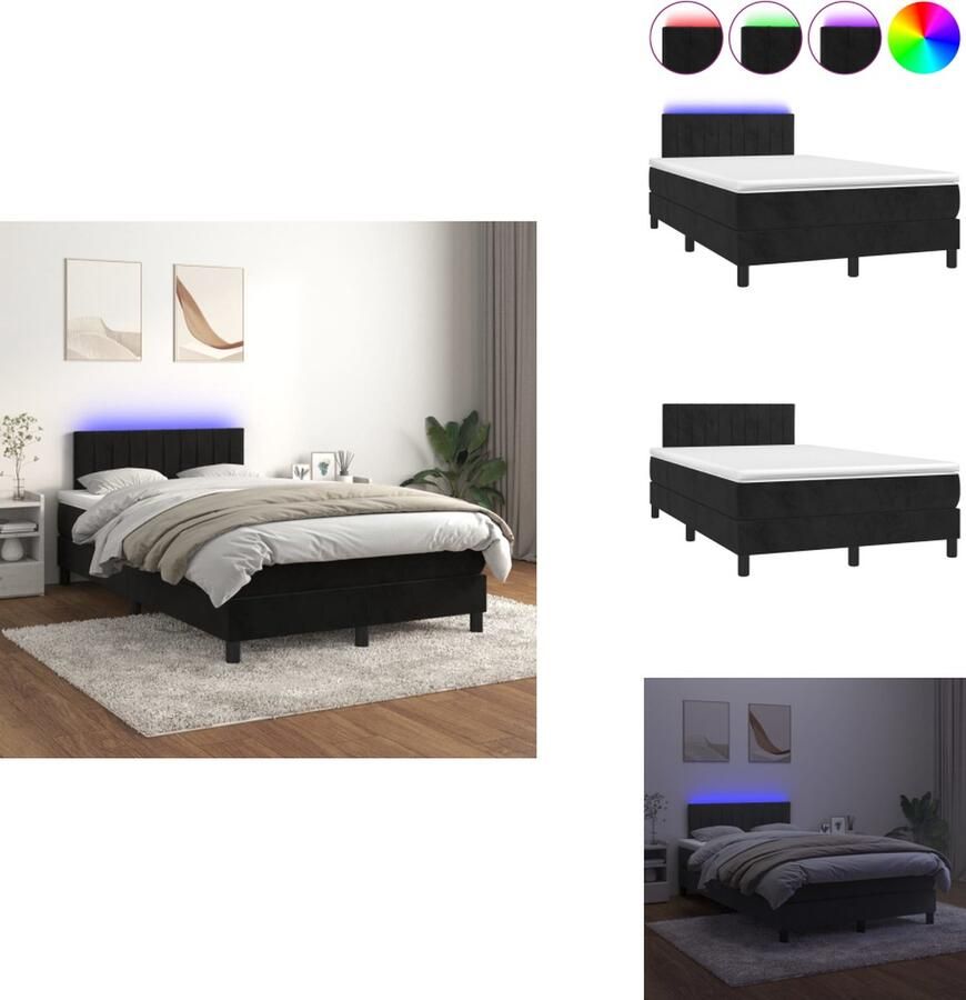 VidaXL Boxspring Zwart fluwelen bedframe 203 x 120 x 78 88 cm Verstelbaar hoofdbord Kleurrijke LED-verlichting Pocketvering matras Huidvriendelijk topmatras USB-aansluiting Incl montagehandleiding Bed