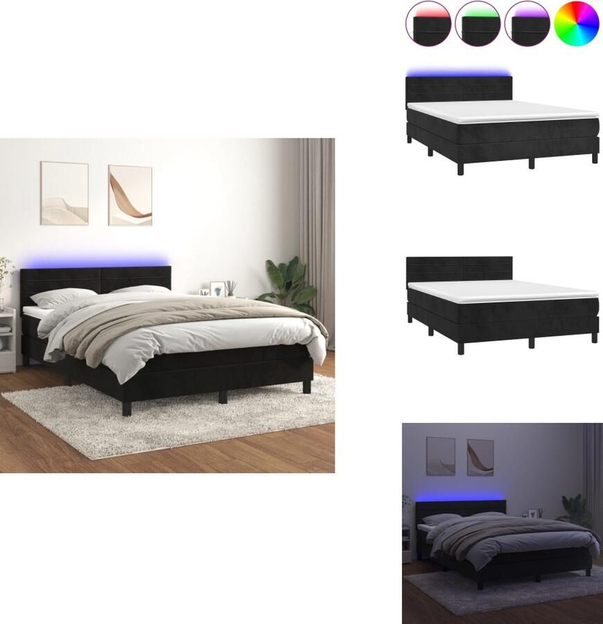 VidaXL Boxspring Zwart Fluweel 203x144x118 128cm Verstelbaar hoofdbord Kleurrijke LED-verlichting Pocketvering matras Huidvriendelijk topmatras Inclusief montagehandleiding USB-aansluiting Bed