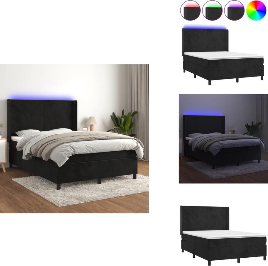 VidaXL Boxspring Zacht fluweel Verstelbaar hoofdbord Kleurrijke LED-verlichting Pocketvering matras Huidvriendelijk topmatras USB-aansluiting Bed - Foto 1