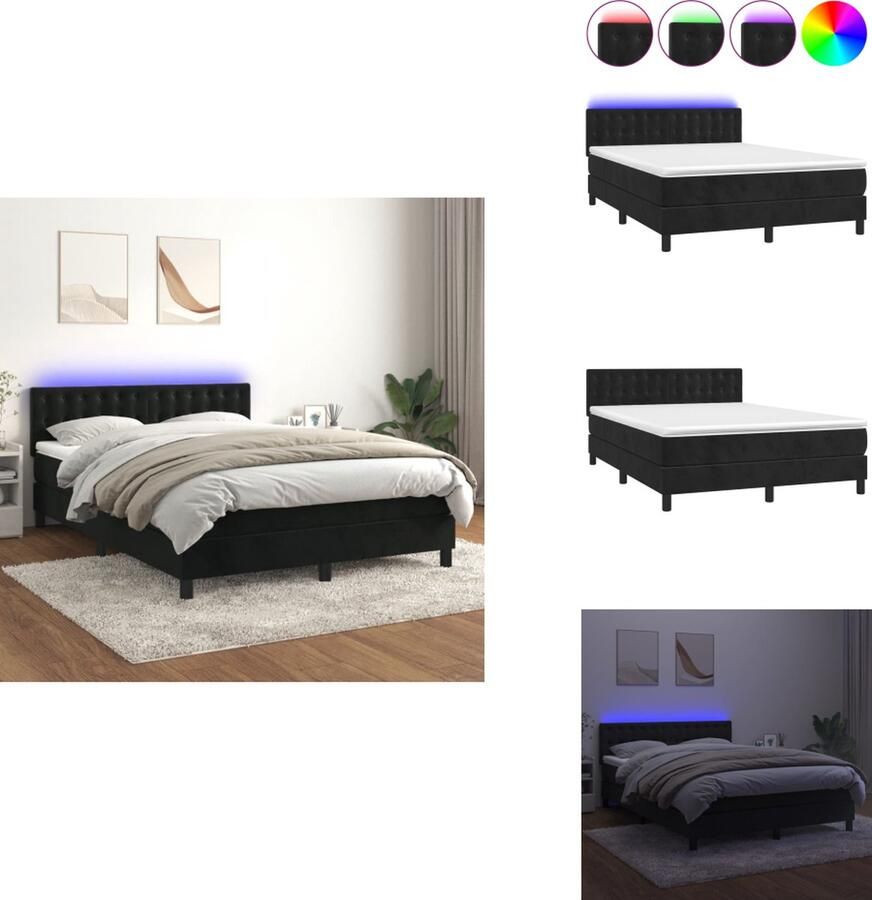 VidaXL Bed Boxspring 193 x 144 x 78 88 cm Zwart Fluweel Verstelbaar hoofdbord Kleurrijke LED-verlichting Pocketvering matras Huidvriendelijk topmatras Inclusief montagehandleiding Bed