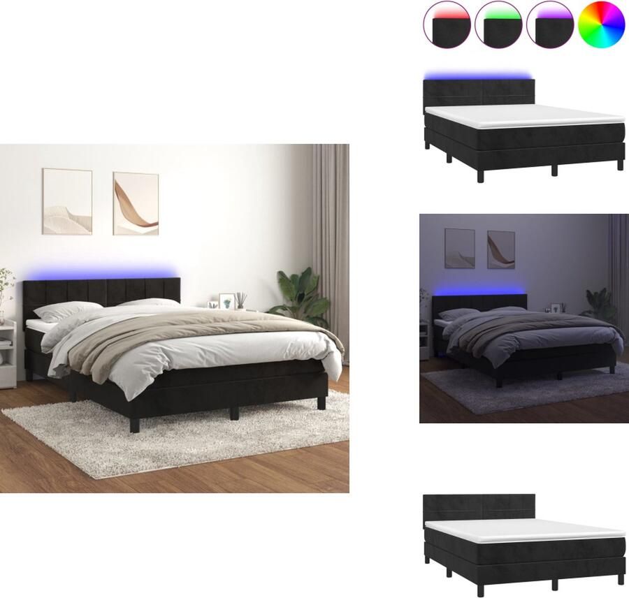 VidaXL Boxspring Zwart Fluweel 203x144x118 128cm Verstelbaar hoofdbord Kleurrijke LED-verlichting Pocketvering matras Huidvriendelijk topmatras Inclusief montagehandleiding USB-aansluiting Bed - Foto 3