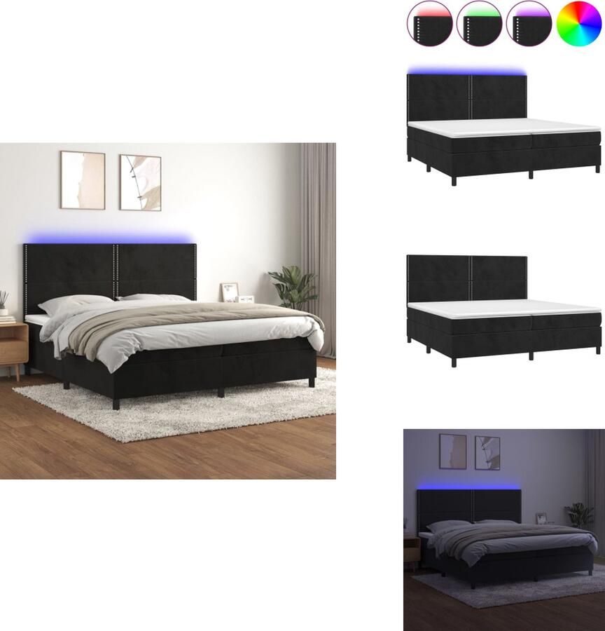 VidaXL Boxspring Bed Zwart Fluweel 203 x 200 x 118 128 cm Verstelbaar hoofdbord LED-verlichting Pocketvering matras Huidvriendelijk topmatras Montagehandleiding Bed