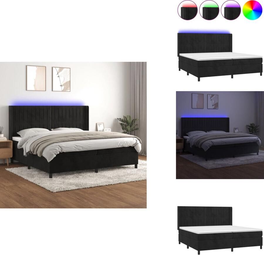 VidaXL Boxspring Zwart fluwelen bed 203 x 203 x 118 128 cm LED-verlichting Pocketvering matras Huidvriendelijk topmatras Montagehandleiding inclusief USB-aansluiting Bed