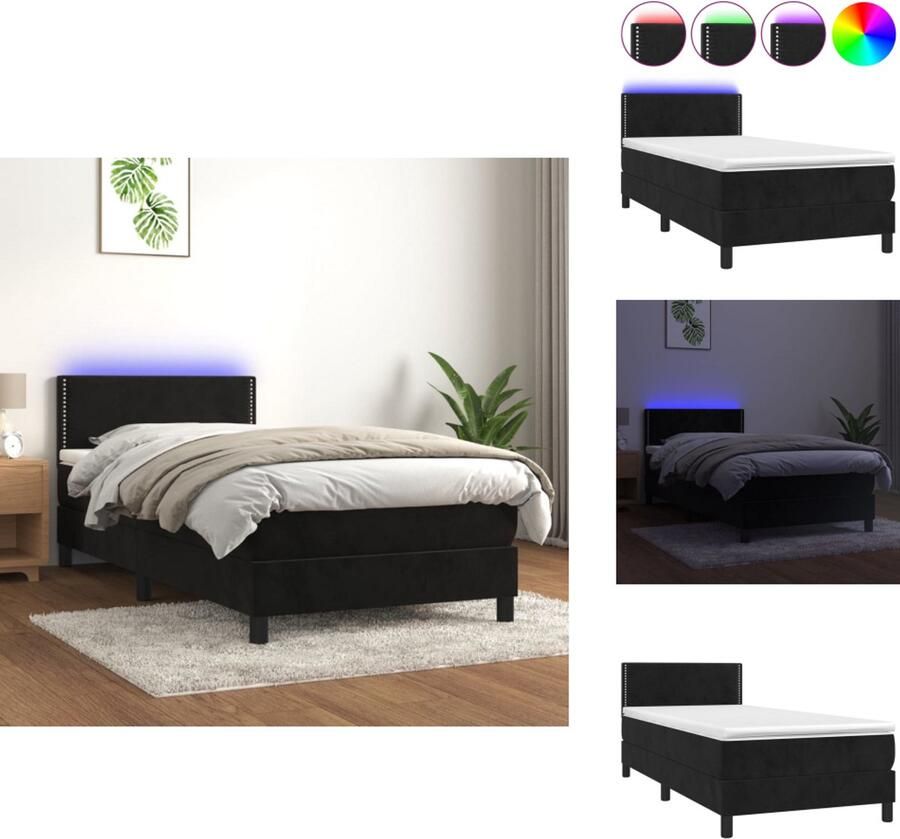 VidaXL Boxspring Bed Comfortabele LED-verlichting Pocketvering Matras Huidvriendelijk Topmatras Zwart Fluweel 203 x 80 x 118 128 cm Bed - Foto 5