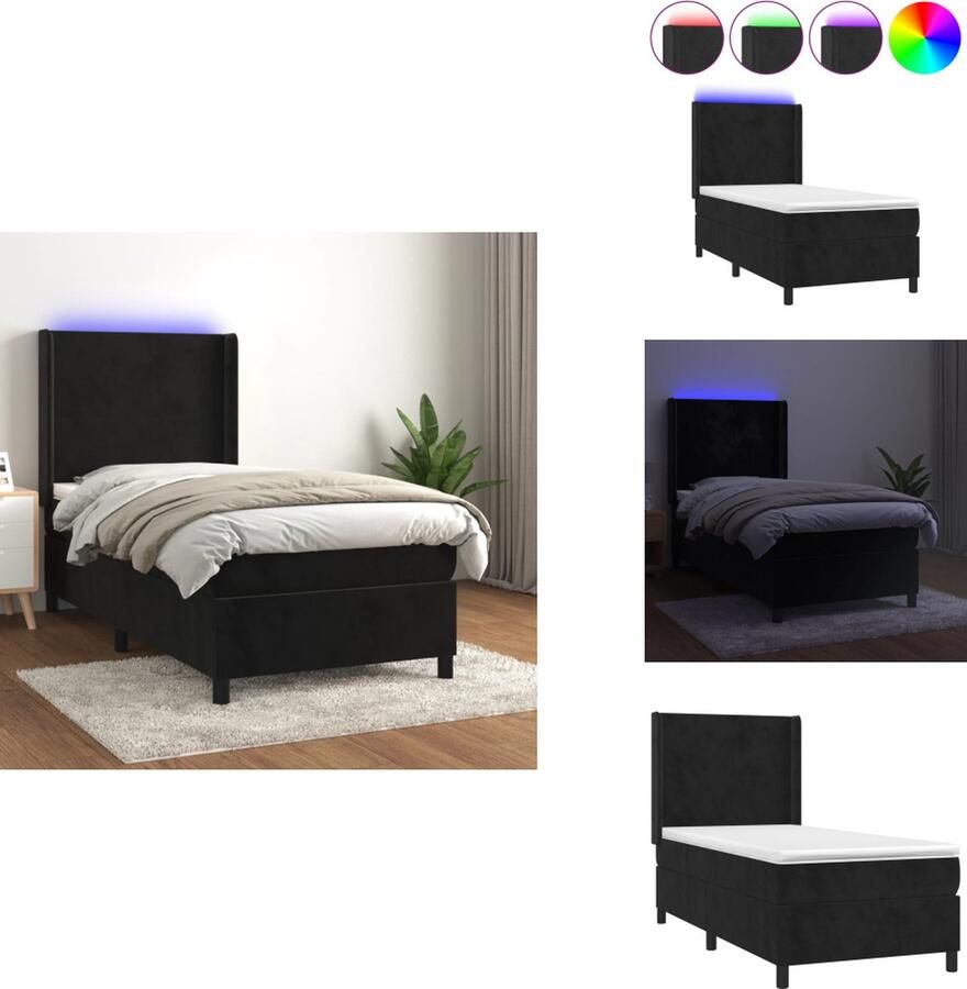 VidaXL Boxspring Bed Comfortabele LED-verlichting Pocketvering Matras Huidvriendelijk Topmatras Zwart Fluweel 203 x 80 x 118 128 cm Bed