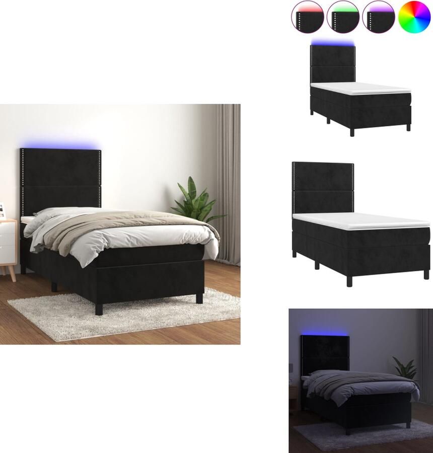 VidaXL Boxspring LED Afmeting- 203 x 90 x 118 128 cm Kleur- zwart Materiaal- fluweel Met verstelbaar hoofdbord Inclusief LED-verlichting Pocketvering matras Huidvriendelijk topmatras Montagehandleiding meegeleverd Bed - Foto 2