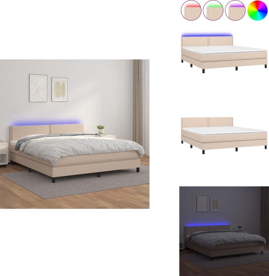 VidaXL Boxspring LED Kunstleer Hoofdbord in hoogte verstelbaar Pocketvering matras Huidvriendelijk topmatras Cappuccino 160x200cm Bed