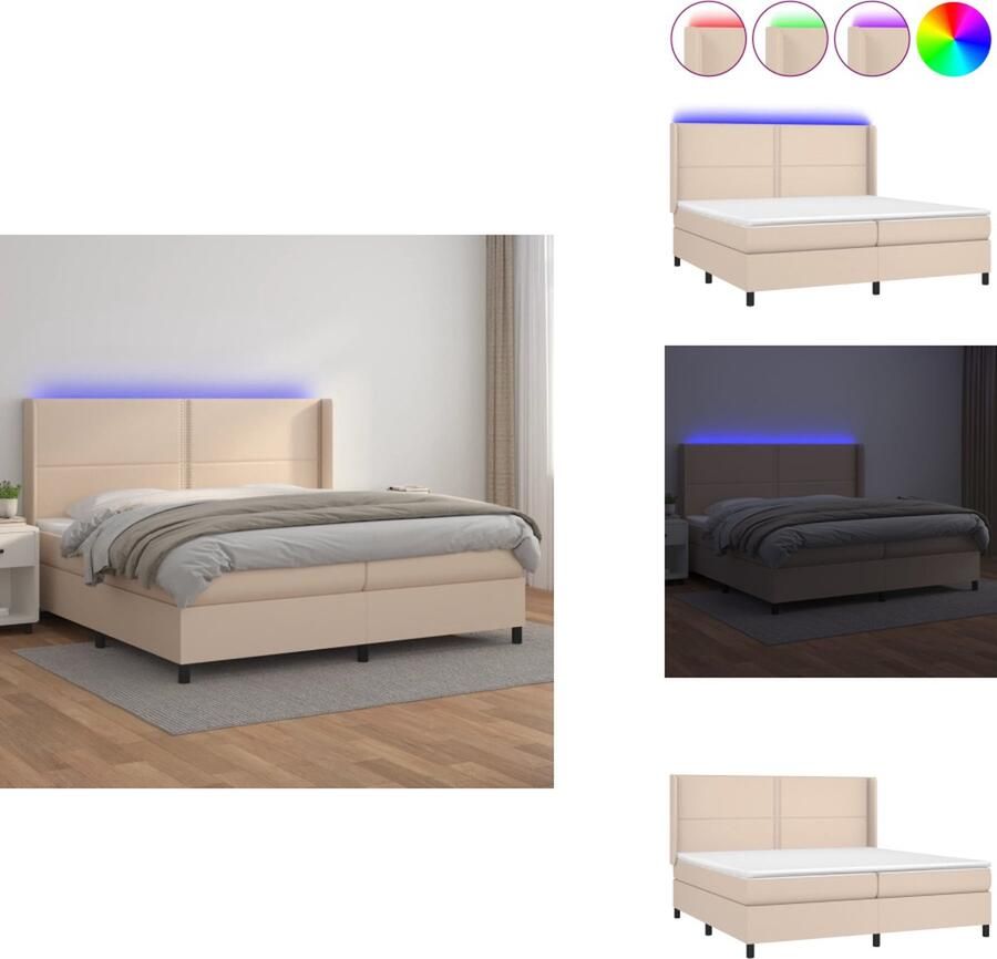 VidaXL Boxspringset Kunstleren Bed met LED-verlichting Pocketvering Matras Huidvriendelijk Topmatras 203 x 203 x 118 128 cm Cappuccino Bed