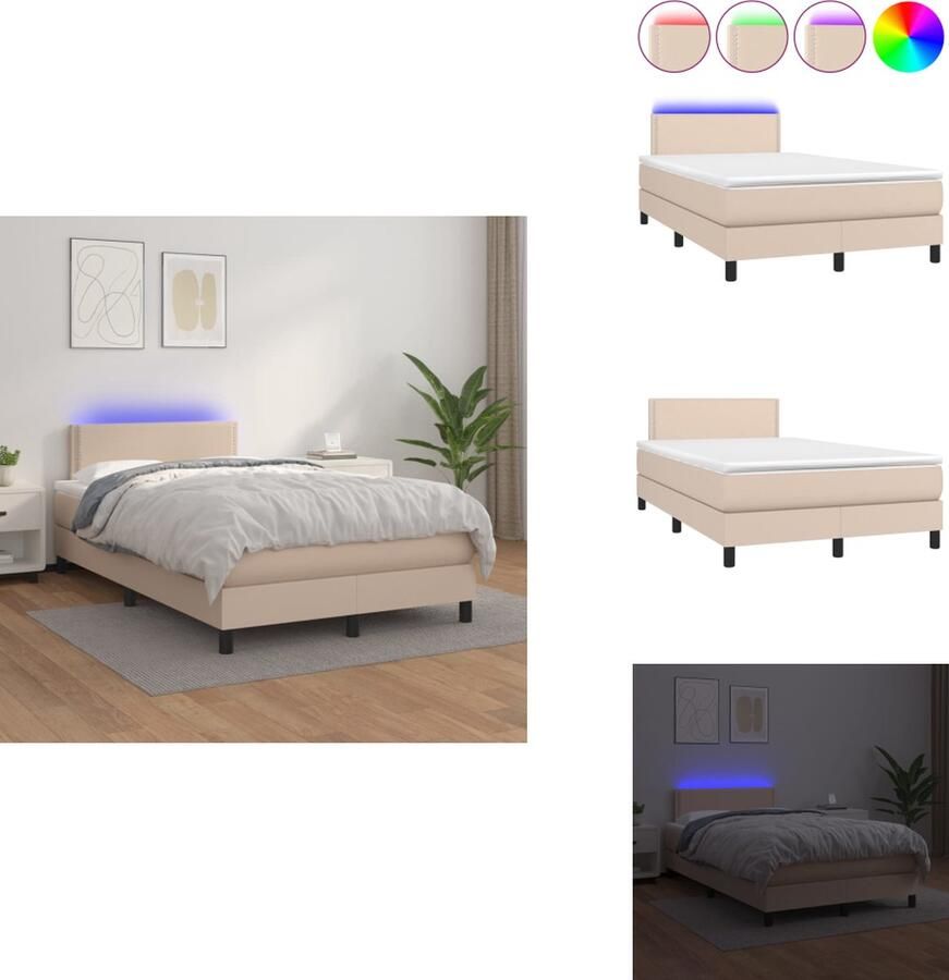 VidaXL Boxspring Bed LED-verlichting Kunstleer Verstelbaar Hoofdbord Pocketvering Matras Huidvriendelijk Topmatras Cappuccino 203x120x78 88 cm Bed
