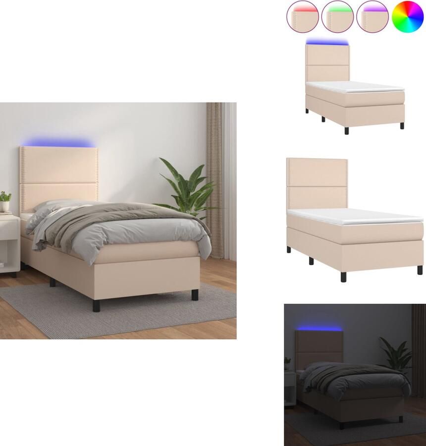 VidaXL Boxspring Boxsprings Bed Slaapmeubel Boxspring met matras en LED kunstleer cappuccinokleur 90x200 cm - Foto 3