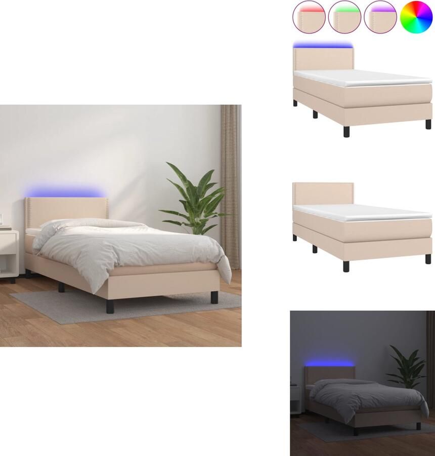 VidaXL Boxspring Cappuccino 203 x 80 x 78 88 cm Duurzaam kunstleer Verstelbaar hoofdbord Kleurrijke LED-verlichting Pocketvering matras Huidvriendelijk topmatras 5 V USB-aansluiting Bed