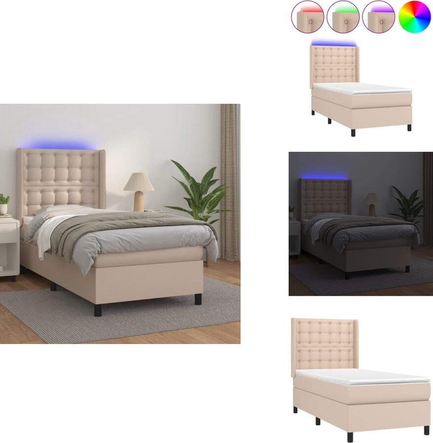 VidaXL Boxspring Cappuccino LED 203 x 83 x 118 128 cm Duurzaam kunstleer Verstelbaar hoofdbord Pocketvering matras Huidvriendelijk topmatras Bed