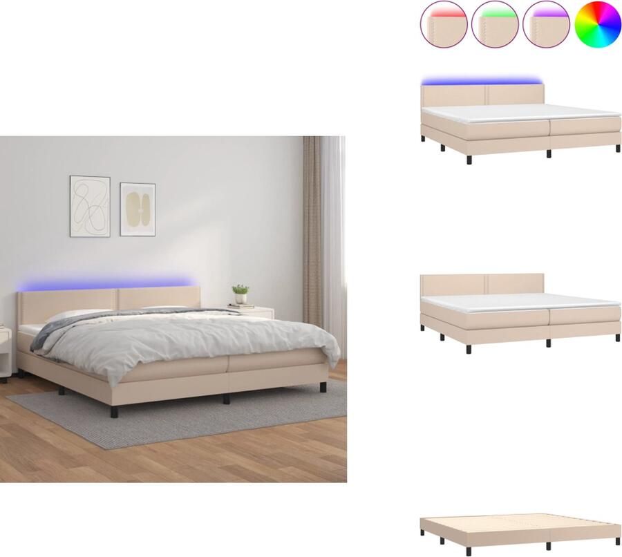 VidaXL Boxspring LED Kunstleer 203x200x78 88cm Pocketvering Huidvriendelijk Cappuccino Matras + Topmatras 2x LED-strips Bed - Foto 3