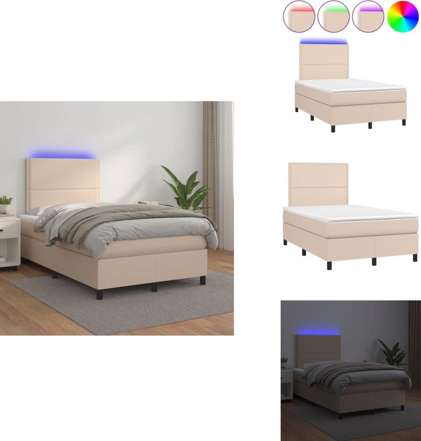 VidaXL Boxspring Bed LED-verlichting Kunstleer Verstelbaar Hoofdbord Pocketvering Matras Huidvriendelijk Topmatras Cappuccino 203x120x78 88 cm Bed - Foto 3