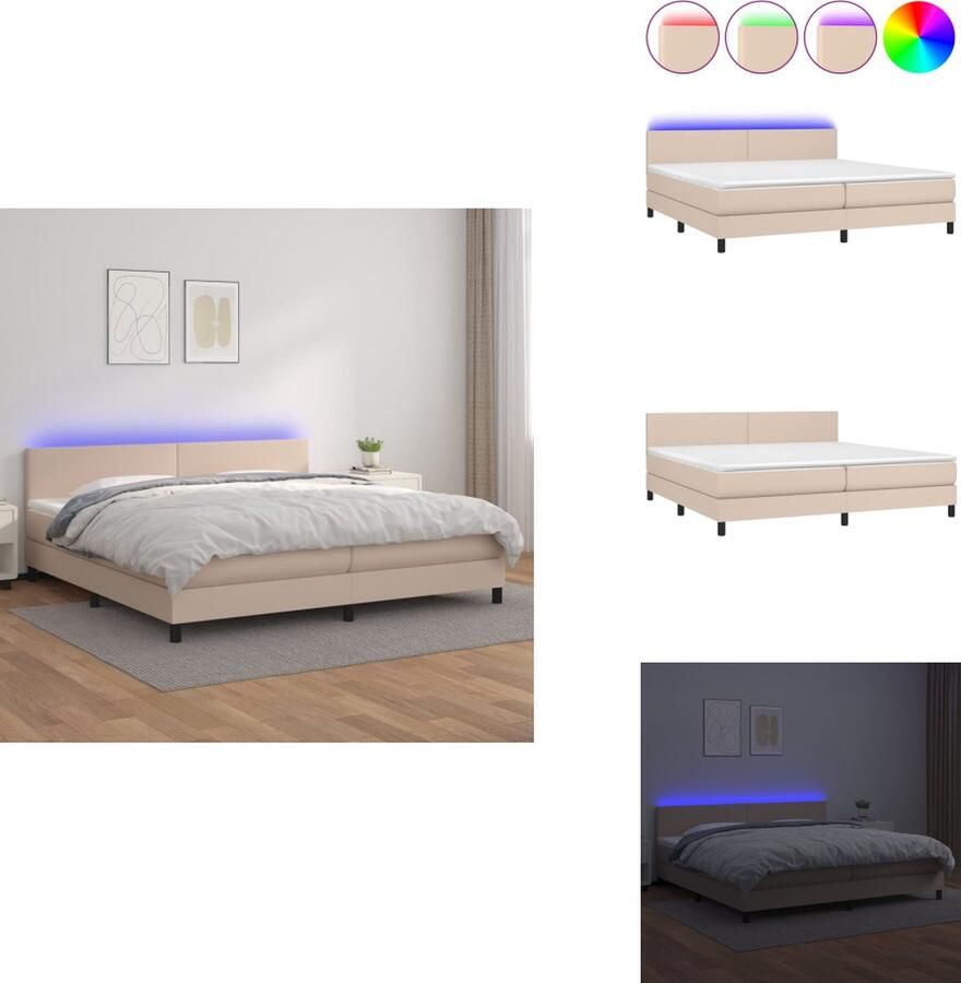 VidaXL Boxspring LED Kunstleer 203x200x78 88cm Pocketvering Huidvriendelijk Cappuccino Matras + Topmatras 2x LED-strips Bed