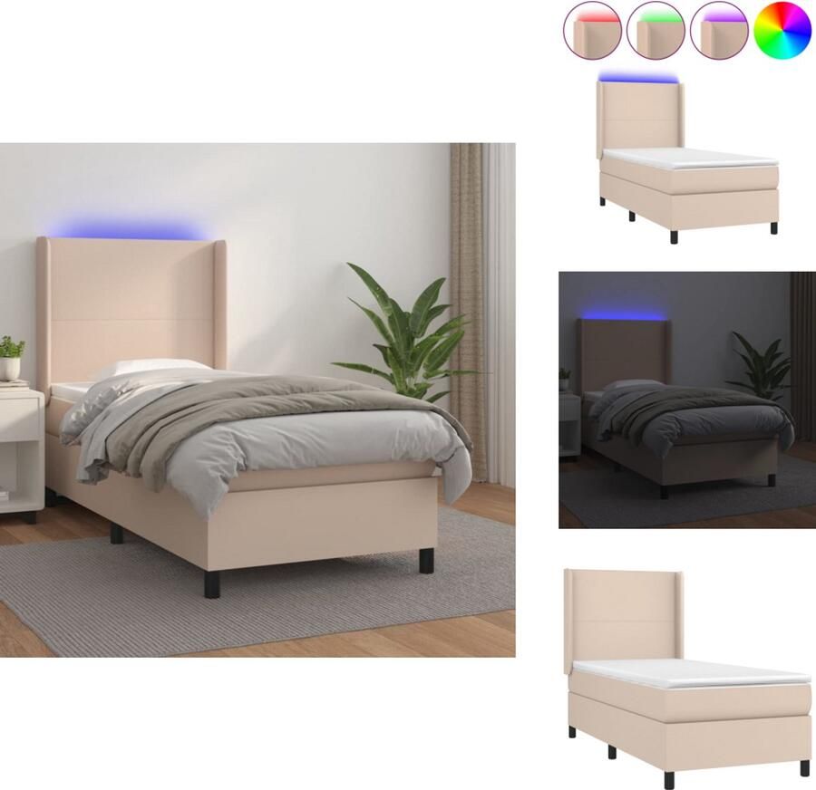 VidaXL Boxspring Boxsprings Bed Slaapmeubel Boxspring met matras en LED kunstleer cappuccinokleur 90x200 cm - Foto 2