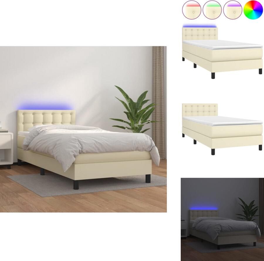 VidaXL Bed Crème Kunstleer 203 x 100 x 78 88 cm Verstelbaar hoofdbord LED-verlichting Pocketvering matras Huidvriendelijk topmatras Bed