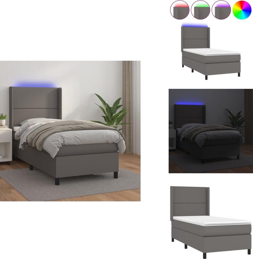 VidaXL Boxspring Grijs Kunstleer 203 x 100 x 118 128 cm Verstelbaar hoofdbord LED verlichting Pocketvering matras Huidvriendelijk topmatras Inclusief montagehandleiding USB Bed