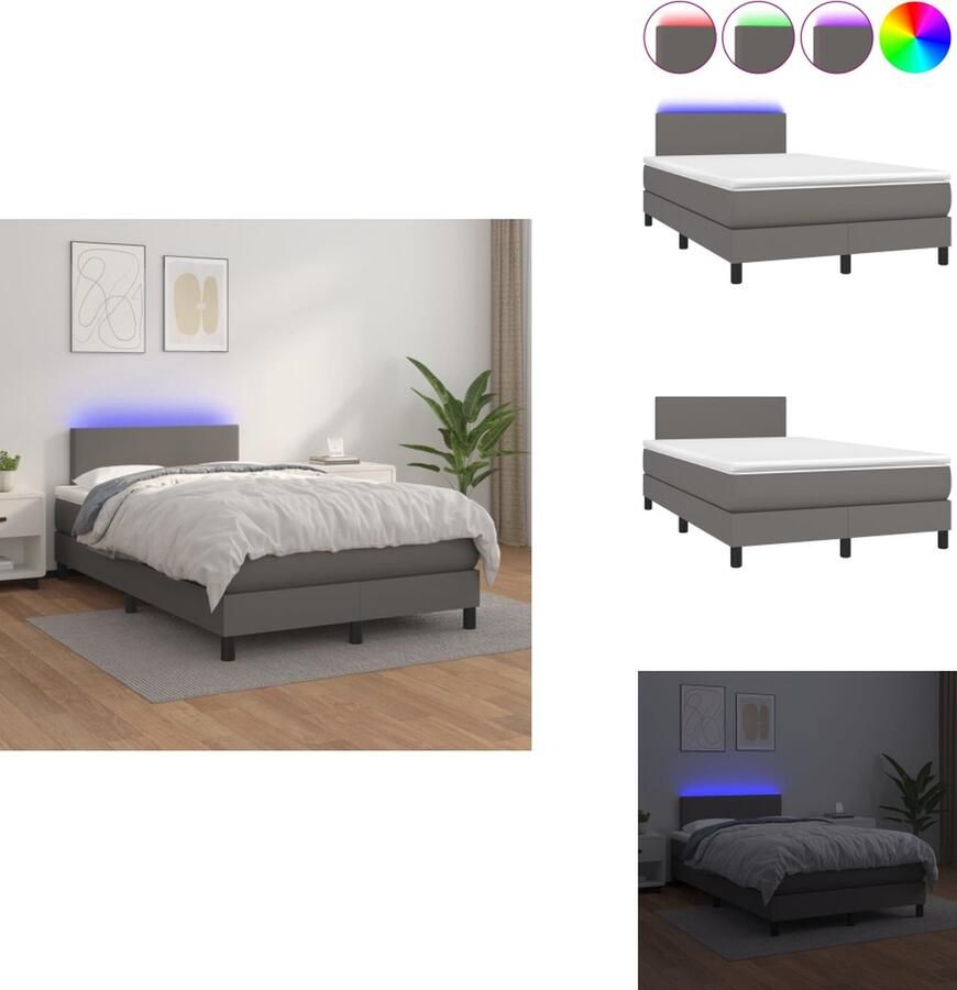 VidaXL Boxspring Bed Grijs Kunstleer 203 x 120 x 118 128 cm Verstelbaar hoofdbord Kleurrijke LED-verlichting Pocketvering matras Huidvriendelijk topmatras Inclusief montagehandleiding en LED-strip Bed
