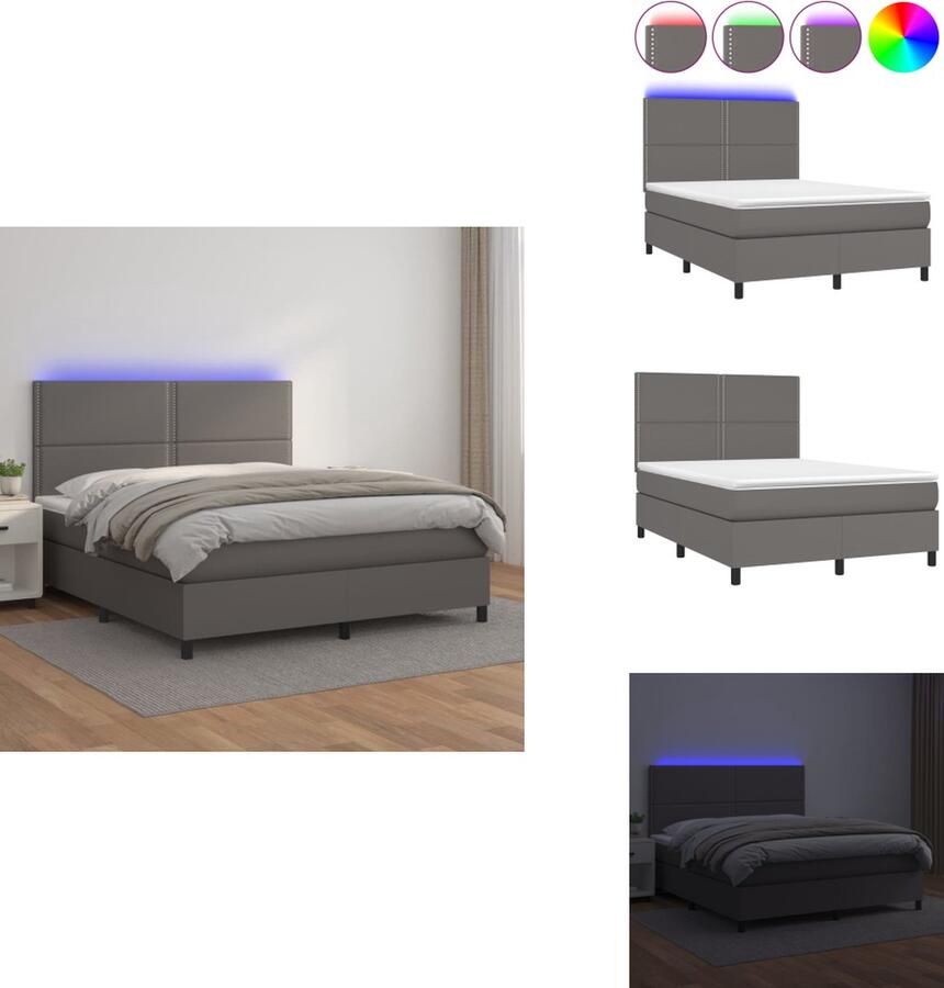 VidaXL Boxspring Luxe Kunstleren Bed Grijs 203x144 cm Met Verstelbaar Hoofdbord LED Verlichting Pocketvering Matras Huidvriendelijk Topmatras Bed