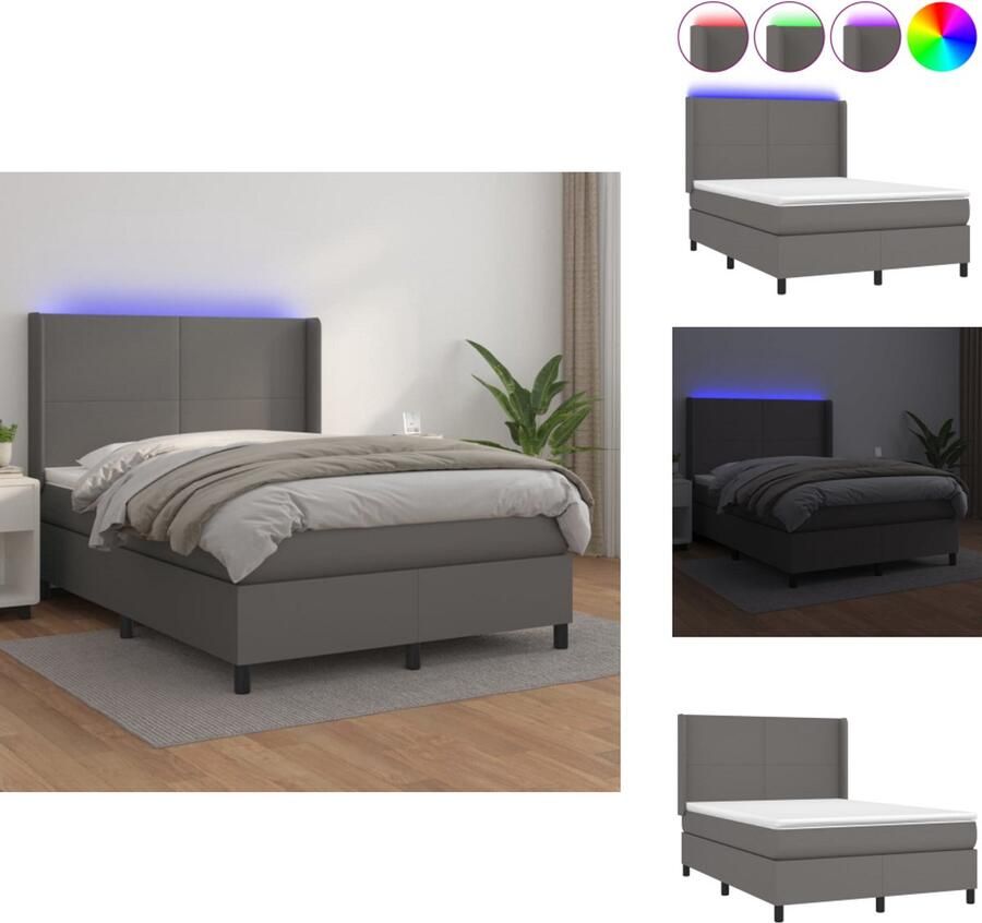 VidaXL Boxspring Boxsprings Bed Slaapmeubel Boxspring met matras en LED kunstleer grijs 140x190 cm - Foto 3