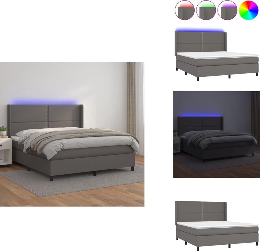 VidaXL Boxspring Bed Grijs 203 x 163 x 118 128 cm Duurzaam kunstleer Verstelbaar hoofdbord Kleurrijke LED-verlichting Pocketvering matras Huidvriendelijk topmatras Inclusief montagehandleiding en LED-strips Bed