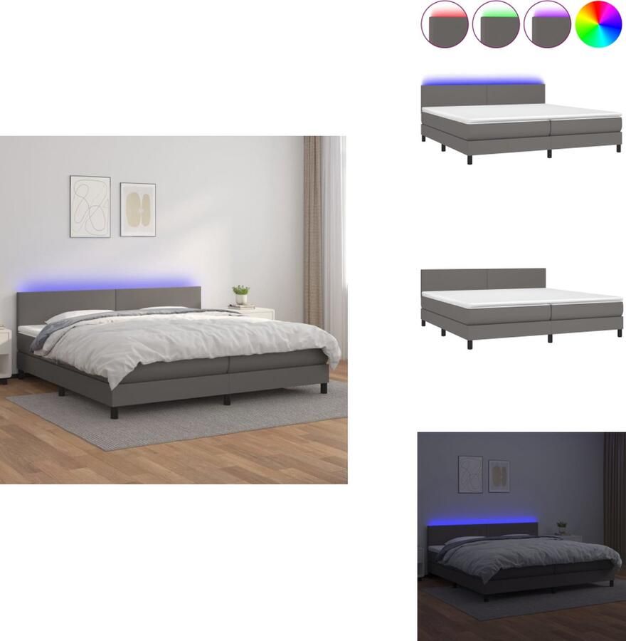 VidaXL Boxspring Bed grijs kunstleer pocketvering matras verstelbaar hoofdbord kleurrijke LED-verlichting huidvriendelijk topmatras Bed