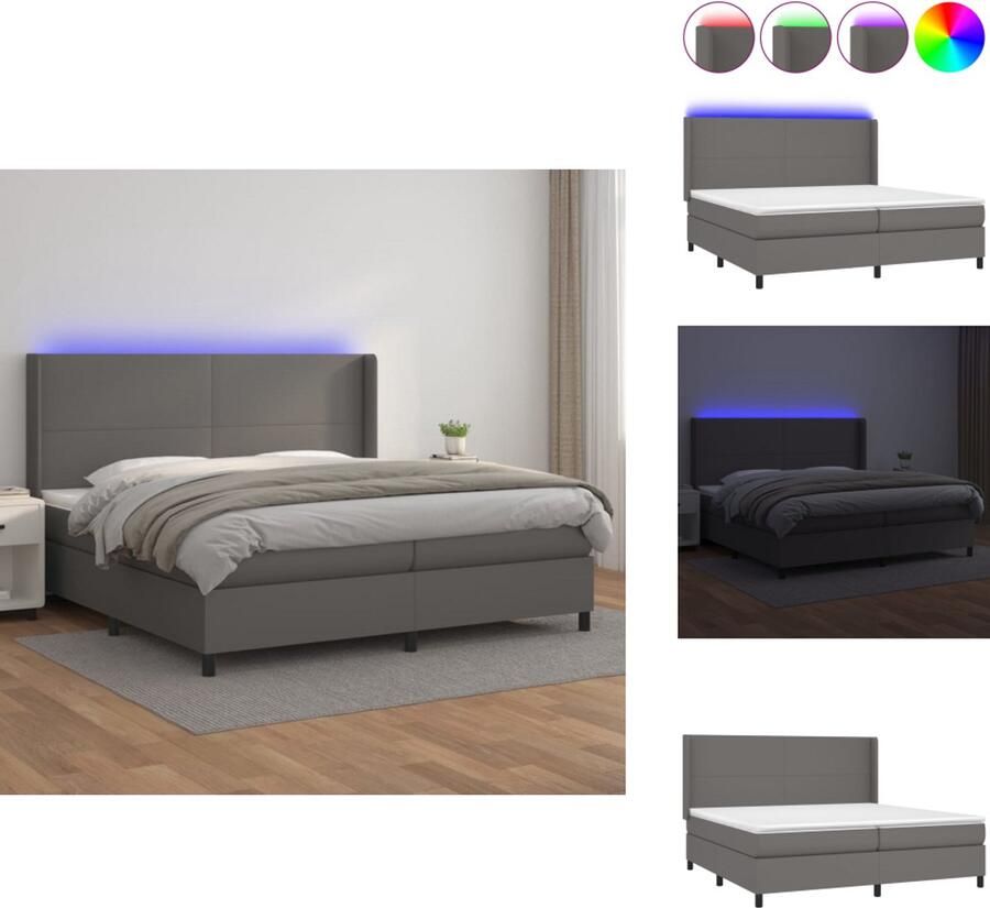 VidaXL Boxspring Bed grijs kunstleer pocketvering matras verstelbaar hoofdbord kleurrijke LED-verlichting huidvriendelijk topmatras Bed - Foto 4